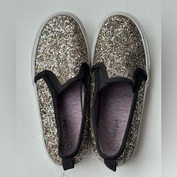 Cat & Jack Silver Glitter Slip On Sneaker size 2 - Picture 3 of 8